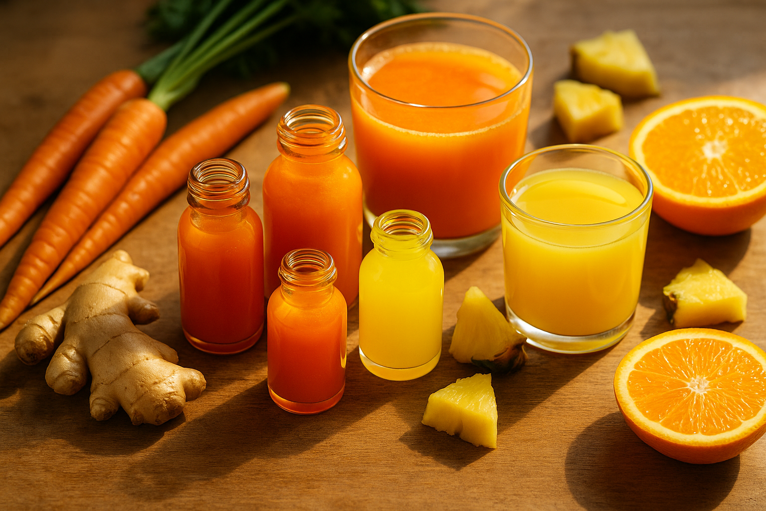 glow up wellness shots and juices surrounded by carrots, ginger, pineapple, oranges