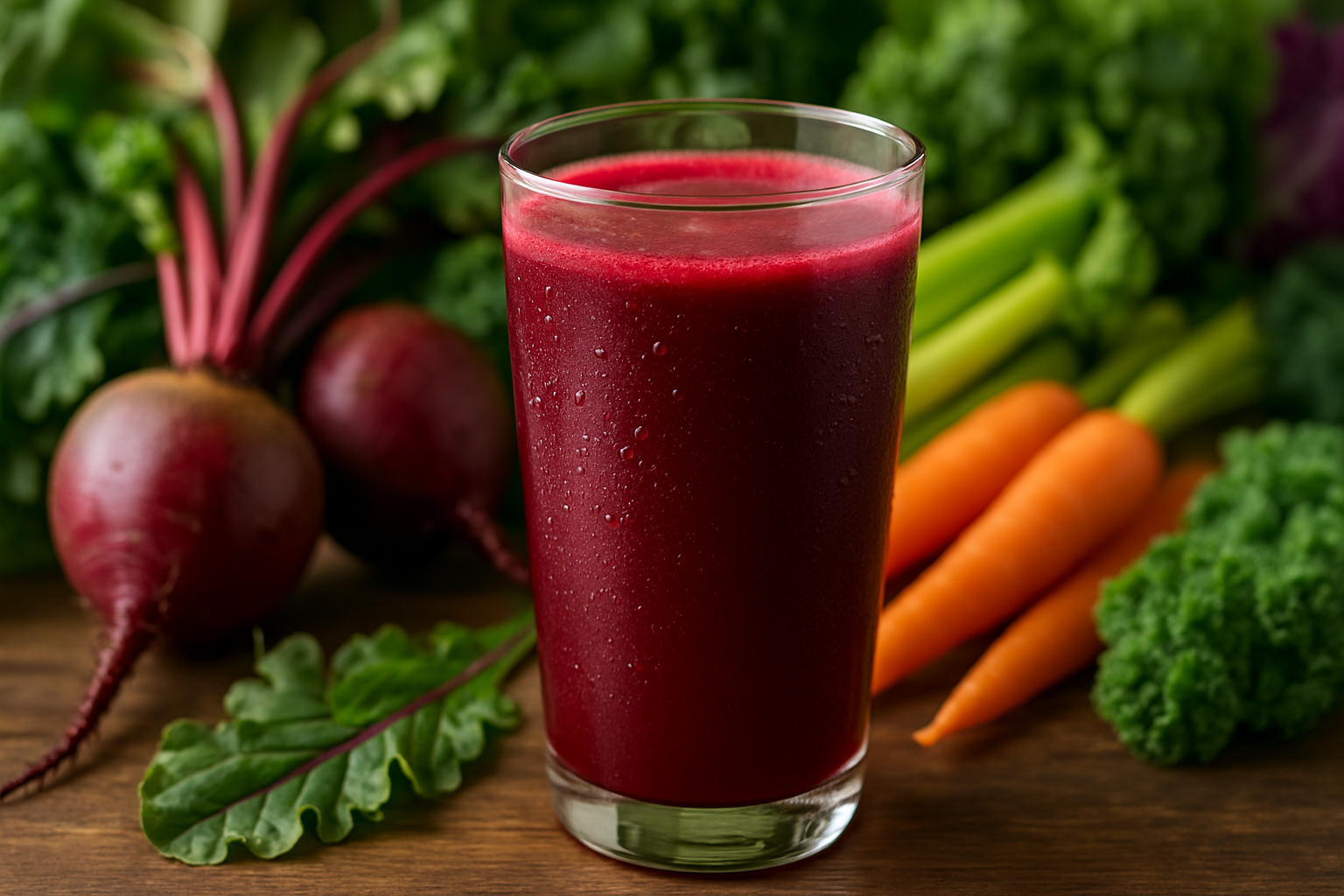healthy beet juice with veggies in the background