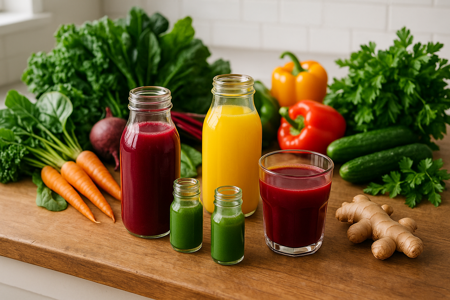 mutliple juices (red,yellow) wellness shots( green) surrounded by veggies on counter