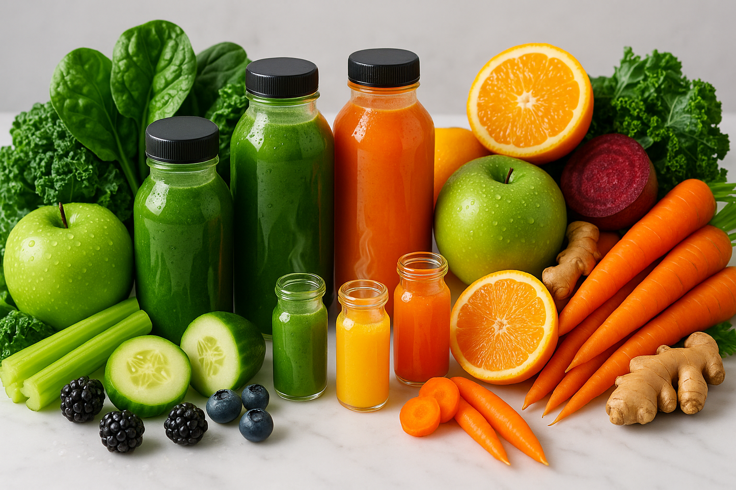 skin glowing and weight loss essential fruits and veggies with juices and wellness shots