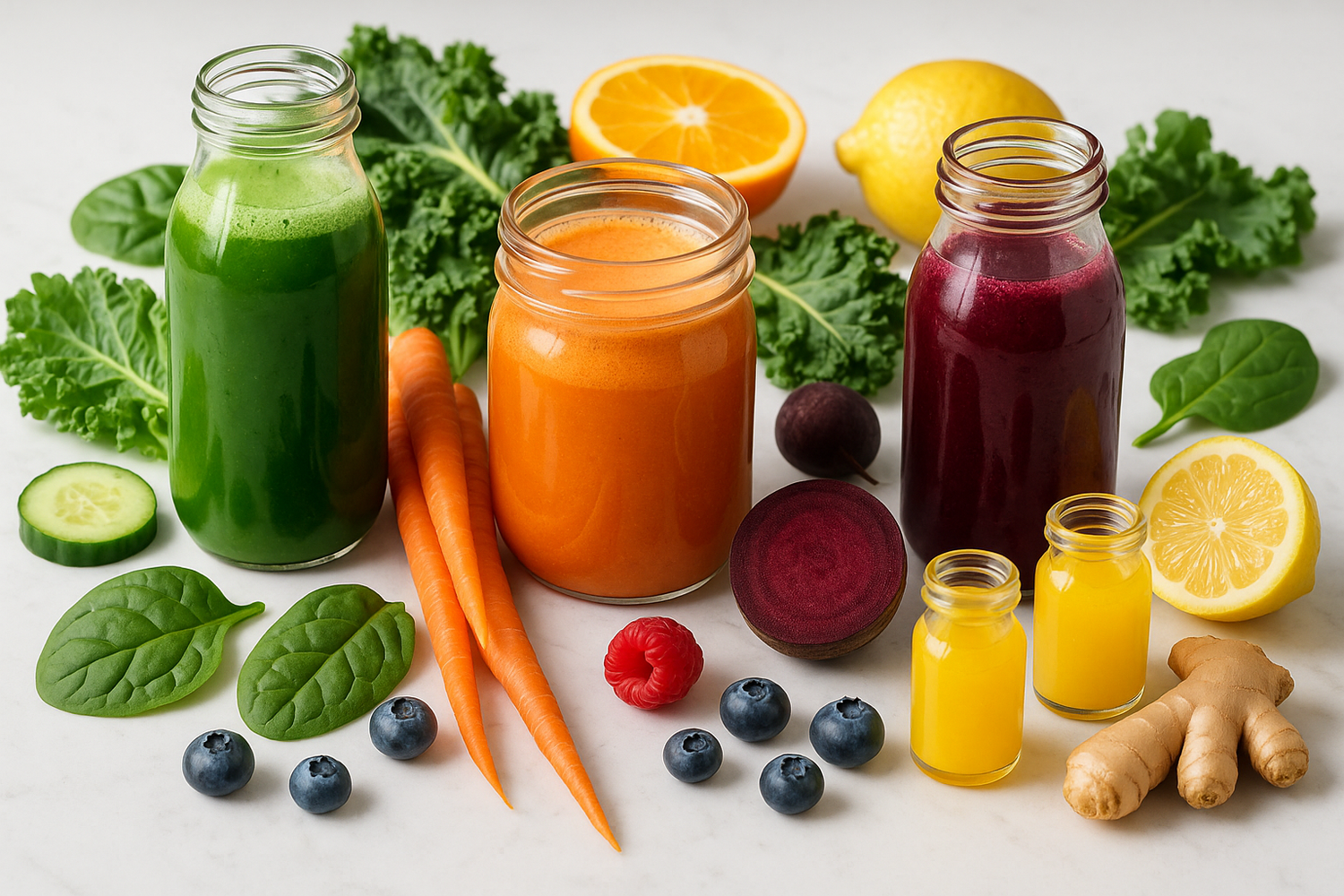 detox juices from fruits and veggies and wellness shots